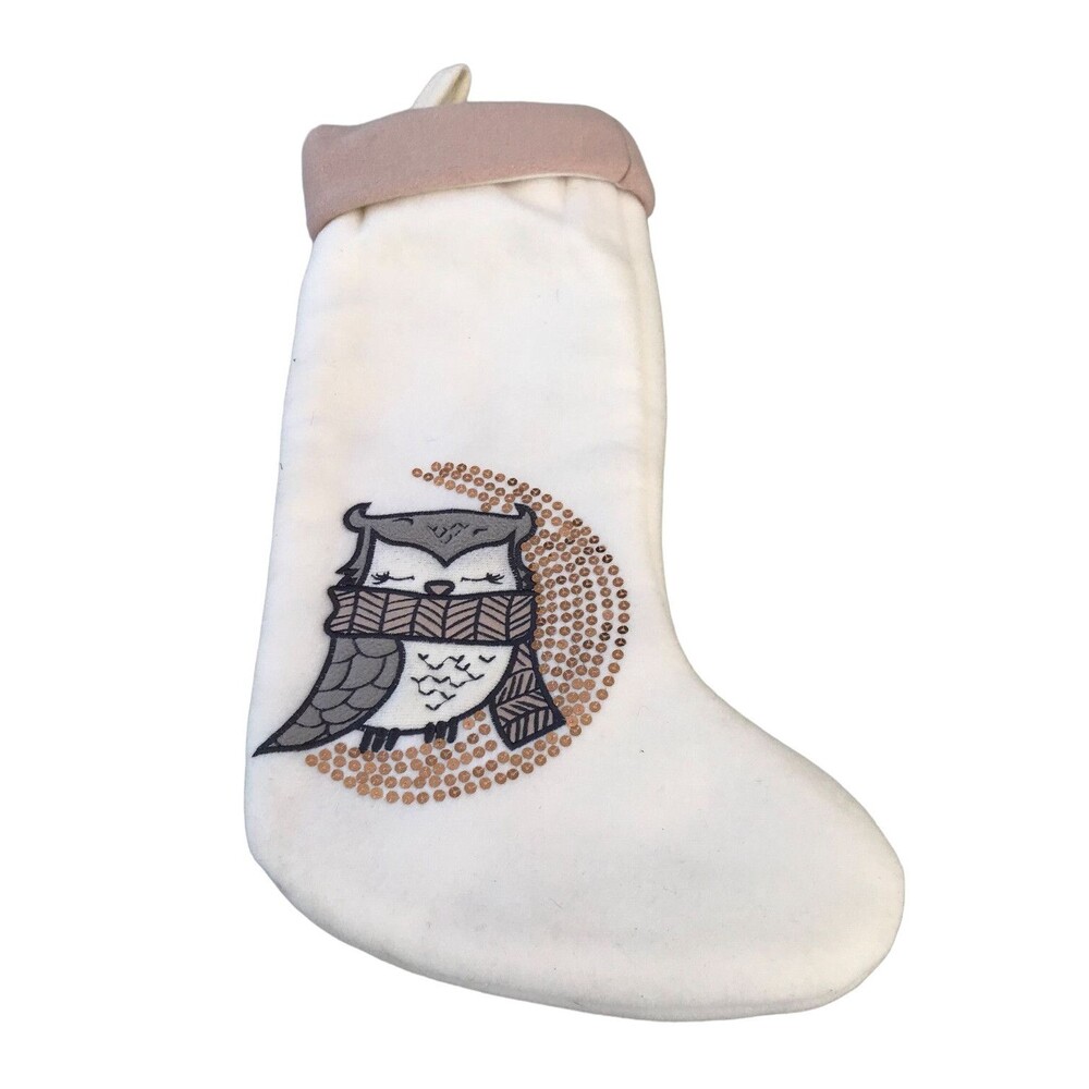 Christmas Stocking Cream And Tan Owl With Scarf Gold Sequins Holidays Decorative